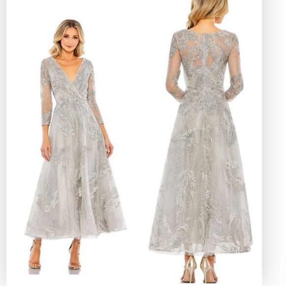MAC DUGGAL 20336 Embellished Wrap A-line Over 3/4 Sleeve NWT Platinum 10 $698 - Picture 1 of 7